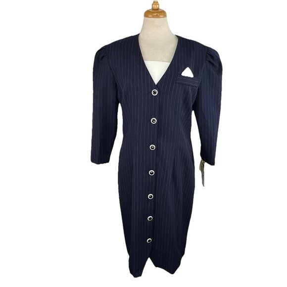 NOS Vtg 80s Sz 14 Pinstripe Tuxedo Dress Shoulder Pads USA Made Sears Navy White - Picture 1 of 8
